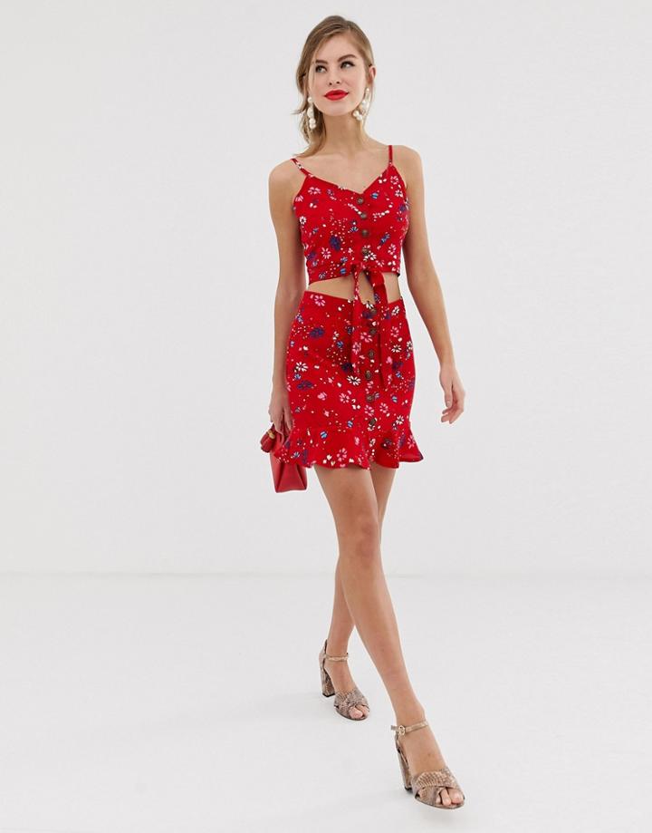 Parisian Floral Mini Skirt With Ruffle Hem-red