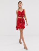 Parisian Floral Mini Skirt With Ruffle Hem-red