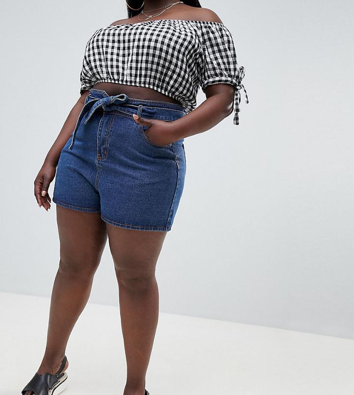 Boohoo Plus Tie Waist Denim Shorts - Blue
