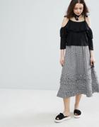 Monki Gingham Tiered Midi Skirt - Black