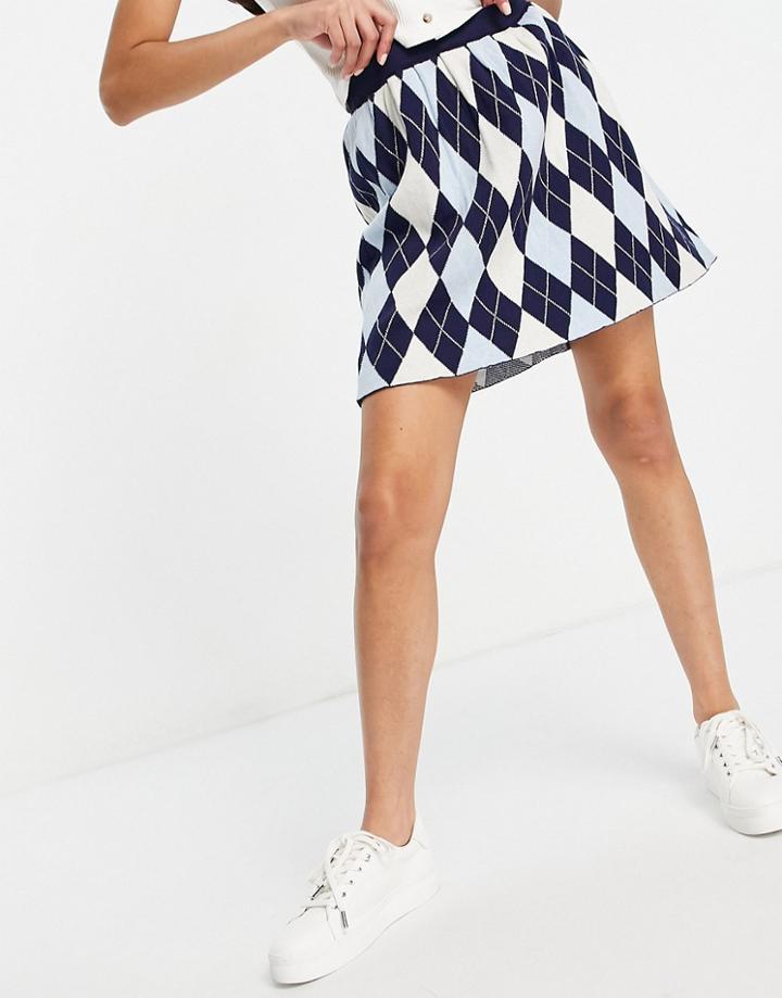 Monki Yanni Argyle Knitted Mini Pleated Skirt In Navy 3 Piece Set-multi