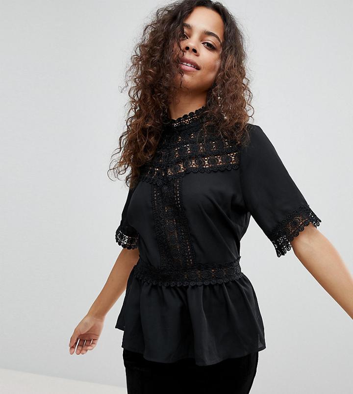 New Look Petite Crochet Peplum Blouse - Black