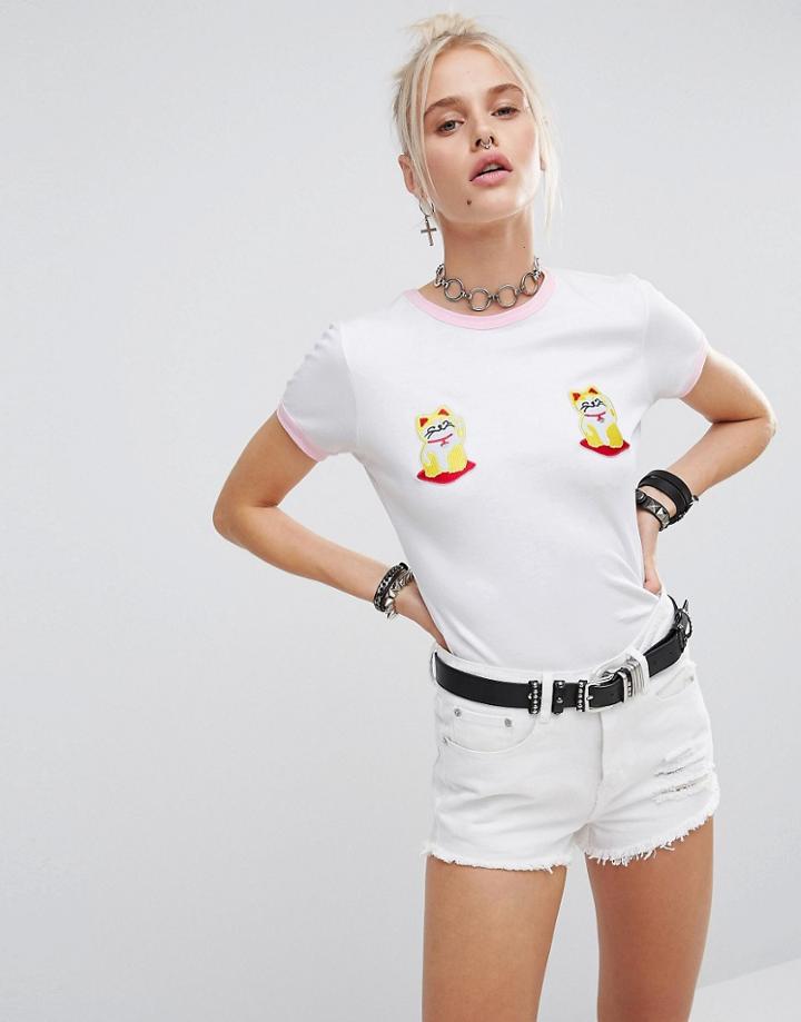 The Ragged Priest Lucky Cat Patch Ringer T-shirt - Multi