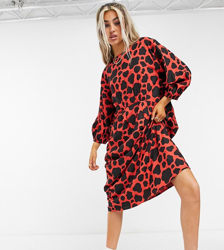 Native Youth Very Oversized Midi Smock Dress In Orange Panda Print