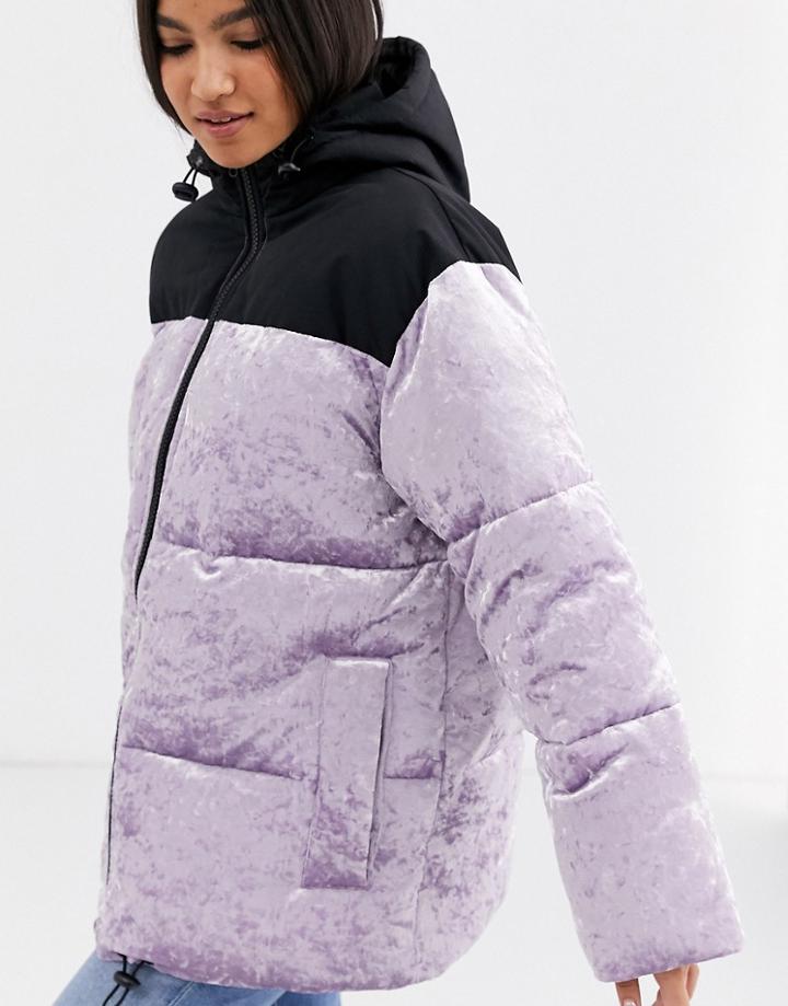 Asos Design Velvet Paneled Puffer Jacket In Lilac-multi