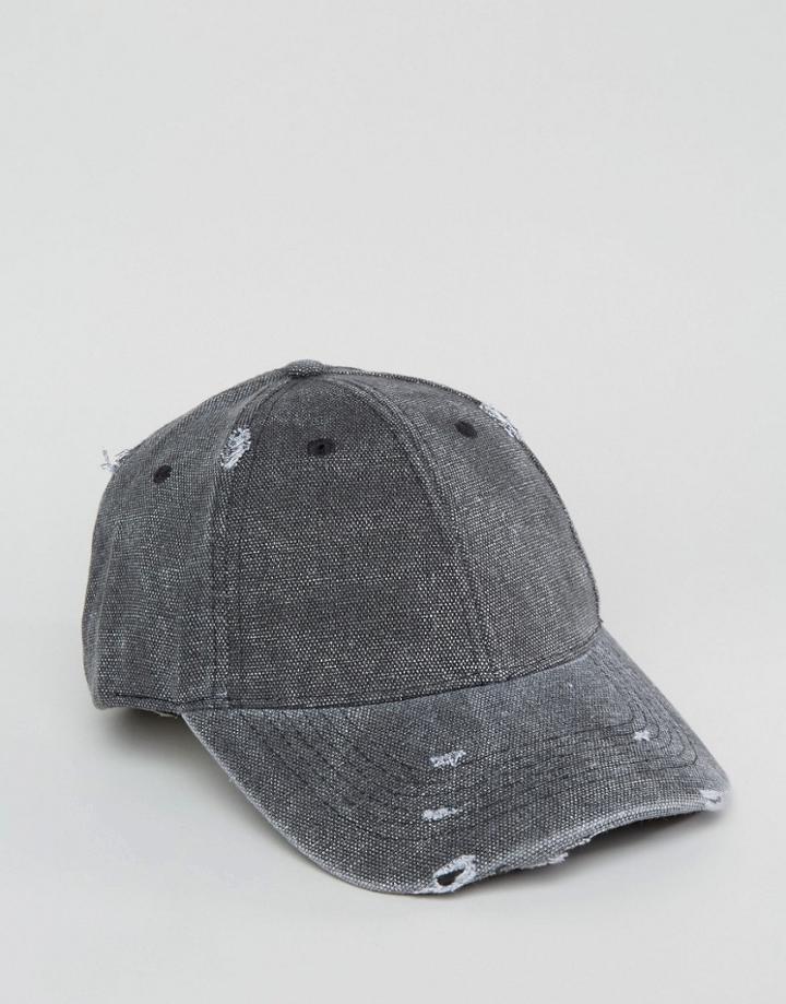Asos Distressed Baseball Cap In Black - Black