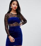 Asos Design Petite Lace And Velvet Mix Mini Dress-blue