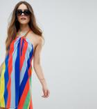 Asos Design Petite Twist Halterneck Swing Sundress In Rainbow Stripe - Multi
