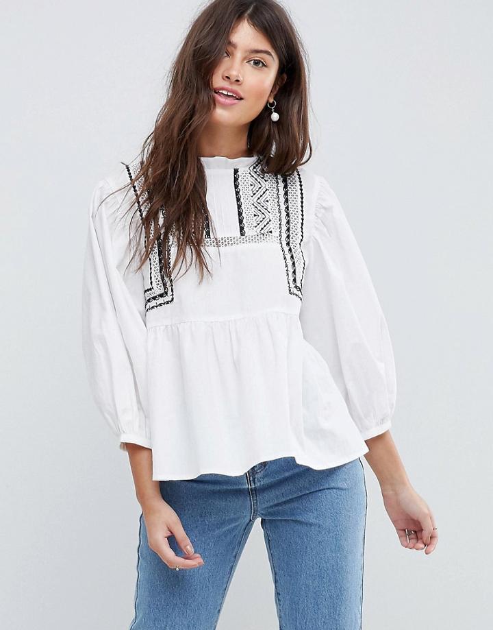 Asos Cotton Victoriana Top With Contrast Lace Detail - White