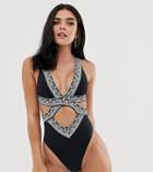 River Island Cut Out Swimsuit With Contrast Print In Black - Black
