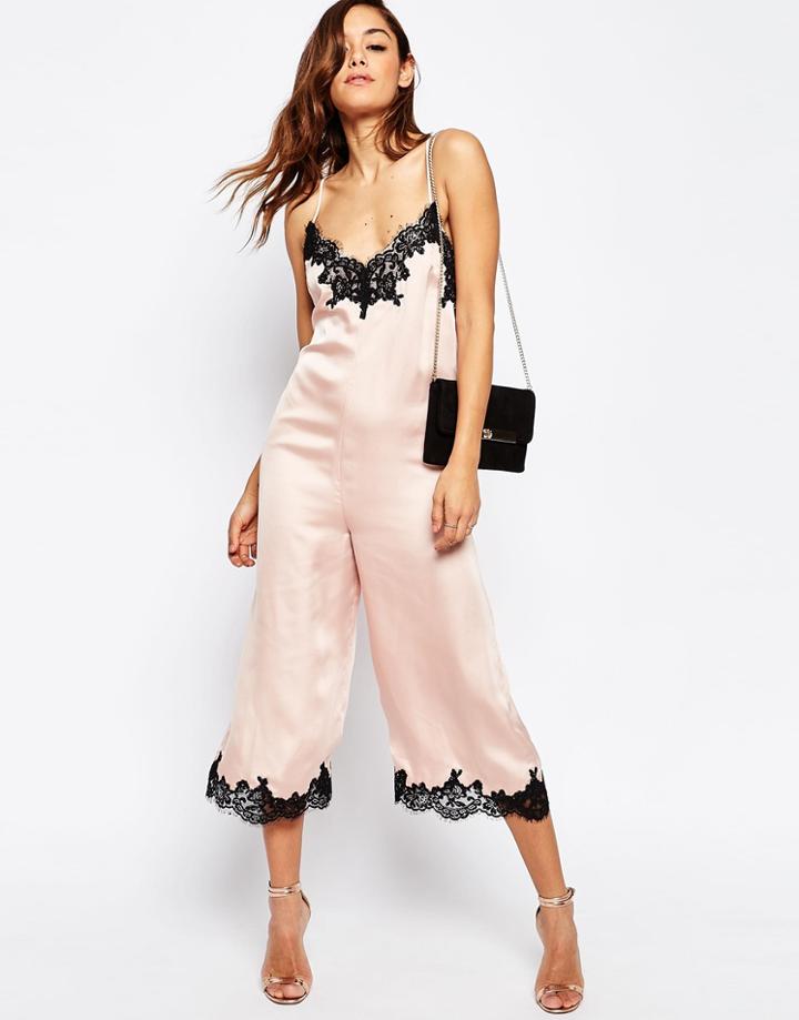 Asos Boudoir Lace Trim Jumpsuit - Nude