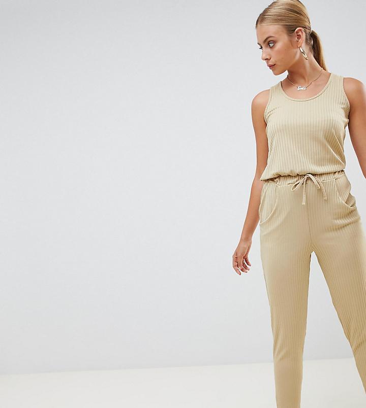 Missguided Sleeveless Tie Waist Jumpsuit In Beige - Beige