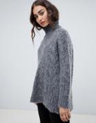 Religion Fluffy Knit Oversized Cable Knit Sweater With High Neck - Gray