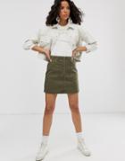 Weekday Zip Front Mini Denim Skirt With Oversized Pockets In Khaki-green