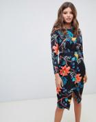Closet London Draped Wrap Front Dress In Polka Floral Print-multi