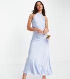 Vila Bridesmaid Exclusive Halterneck Maxi Dress In Blue Satin