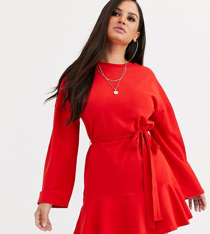 Asos Design Petite Long Sleeve Pep Hem Sweat Dress-red