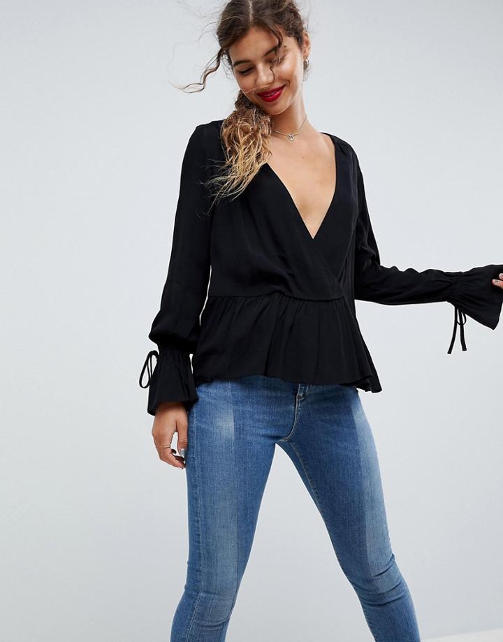 Asos Oversized Wrap Blouse With Dip Hem - Black