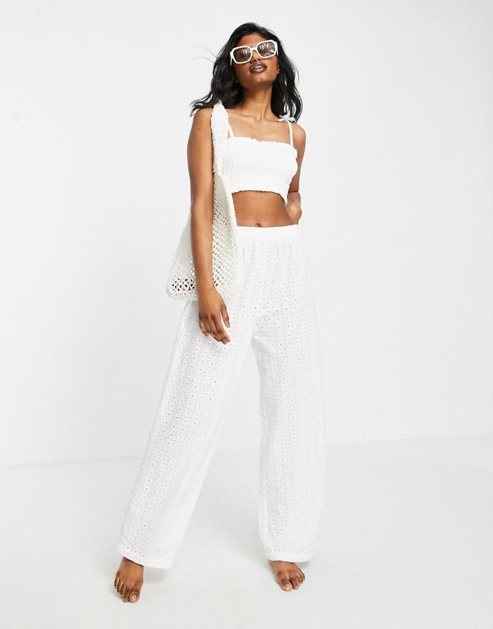 Topshop Broidery Shirred Cami And Pants Beach In White - Part Of A Set