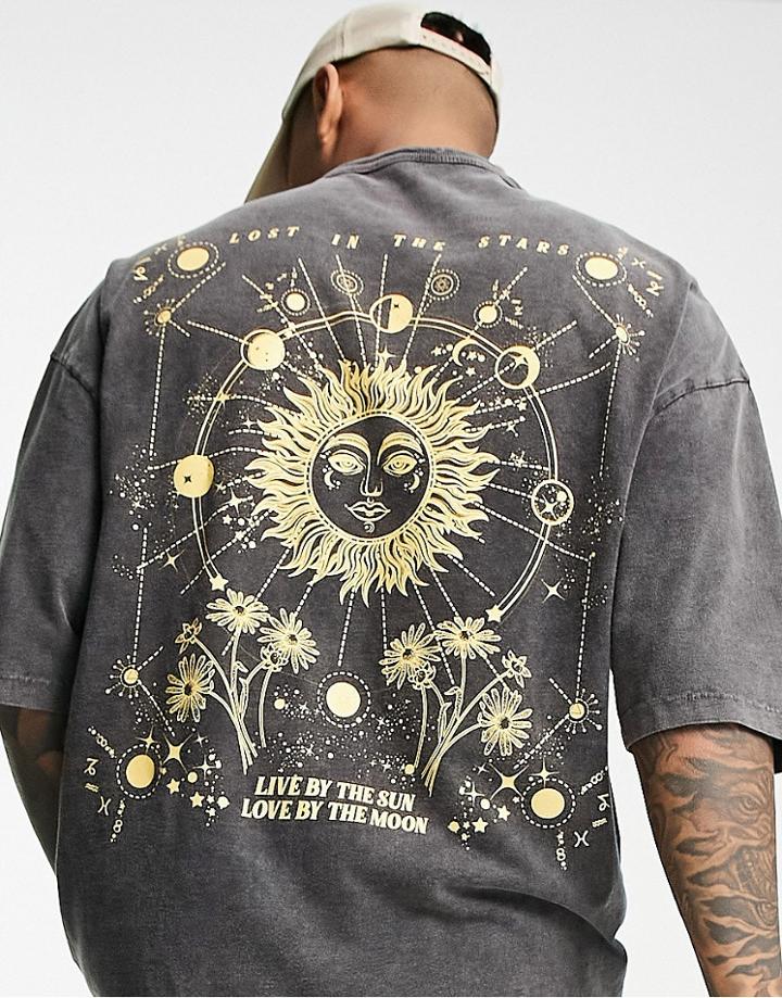 Asos Design Oversized T-shirt In Washed Black Organic Cotton With Celestial Back Print