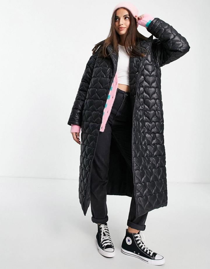 Daisy Street Longline Coat In Heart Quilt-black