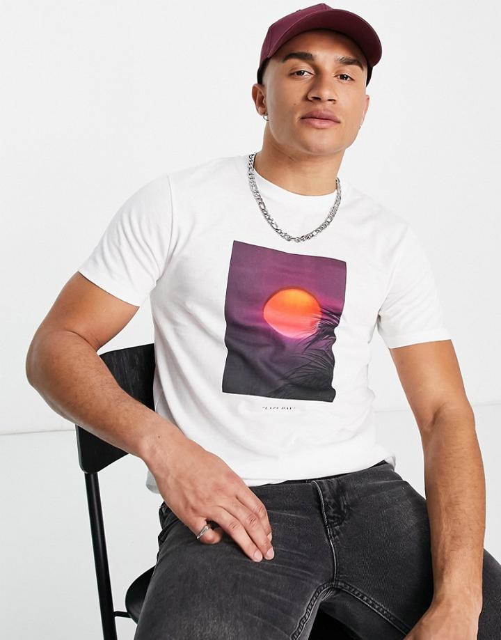 Topman Classic Fit T-shirt With Sunset Print In White