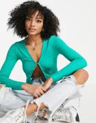 Stradivarius Micro Cardi With Gold Trim In Green
