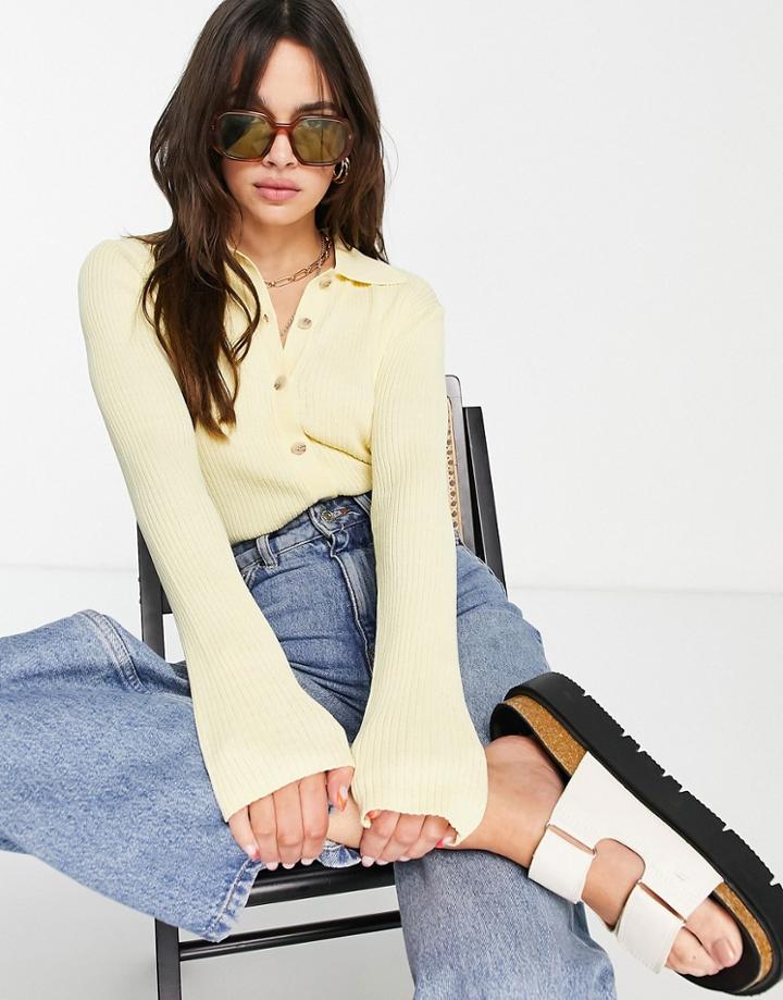 Selected Femme Knitted Button Through Polo Cardigan In Yellow