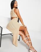 Asos Design Cable Knit Midi Dress With Open Back And Thigh Split Detail In Taupe-brown