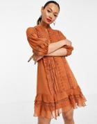 Asos Design Mini Dress With Lace Insets And Tie Detail In Rust-brown