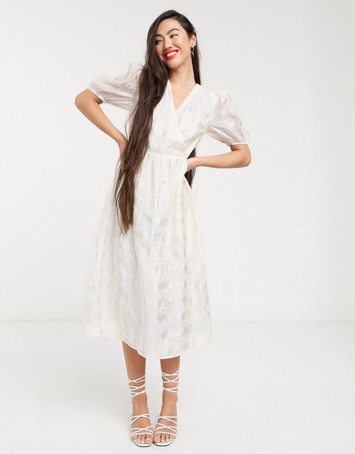 Glamorous Wrap Front Midi Dress With Volume Sleeves In Organza Check-white