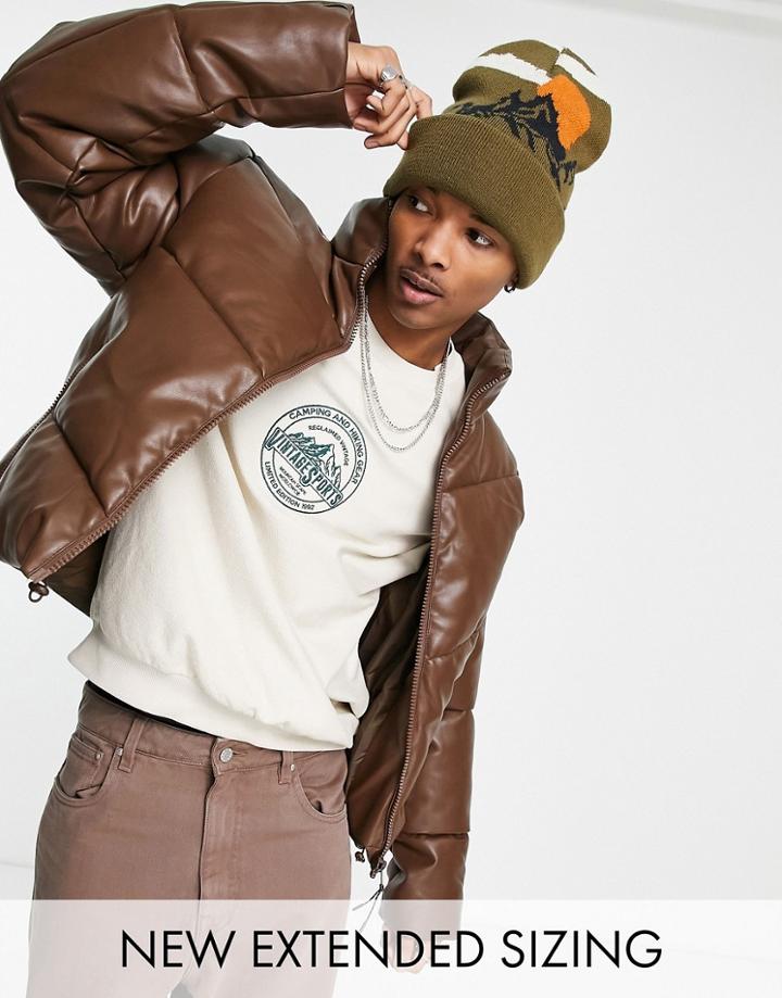 Asos Design Faux Leather Puffer Jacket In Brown