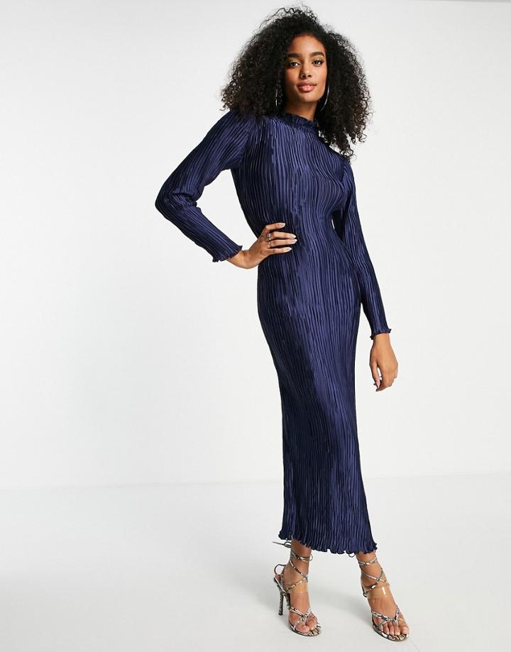 Asos Design Long Sleeve Satin Plisse Maxi Dress-navy