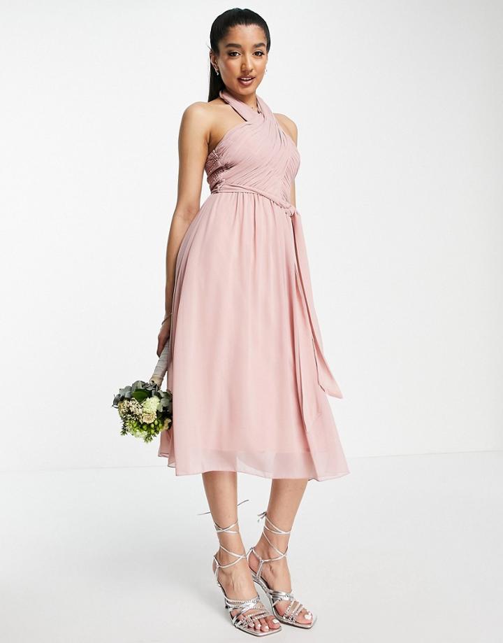 Little Mistress Bridesmaid Halter Neck Midi Dress In Dusty Rose-pink