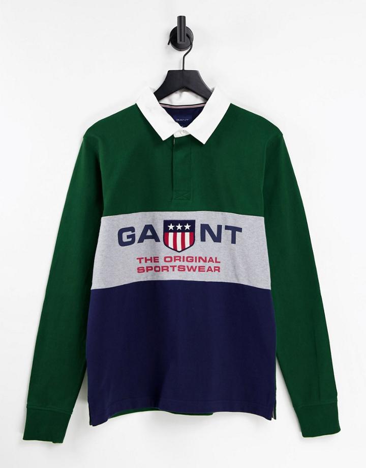 Gant Retro Shield Color Block Heavy Rugby Polo In Eden Green