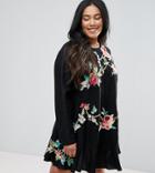 Asos Curve Embroidered Mini Drop Waist Dress - Black