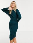 Ax Paris Ruched Off-shoulder Midi Pencil Dress In Teal-blue