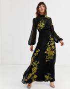 Asos Design High Neck Embroidered Maxi Dress-black