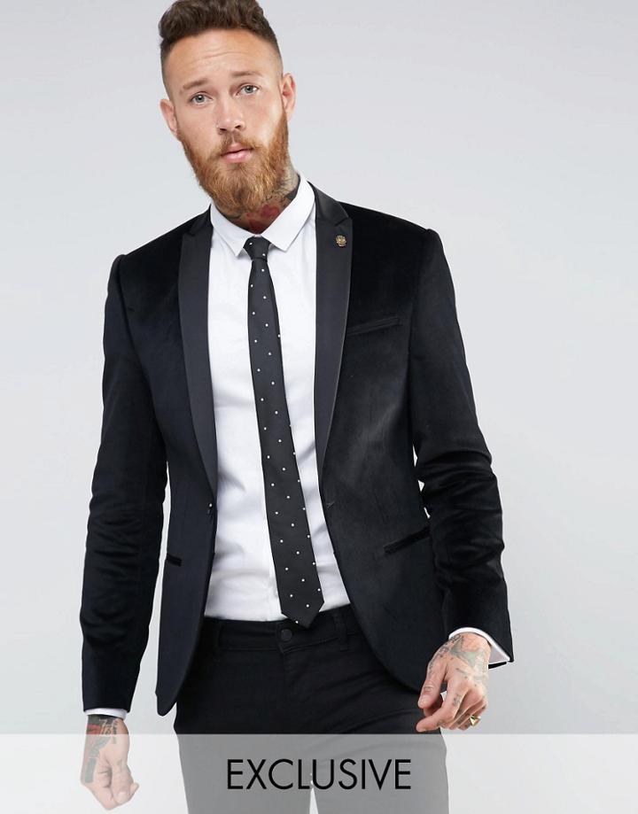 Noose & Monkey Super Skinny Blazer In Velvet With Contrast Collar - Black