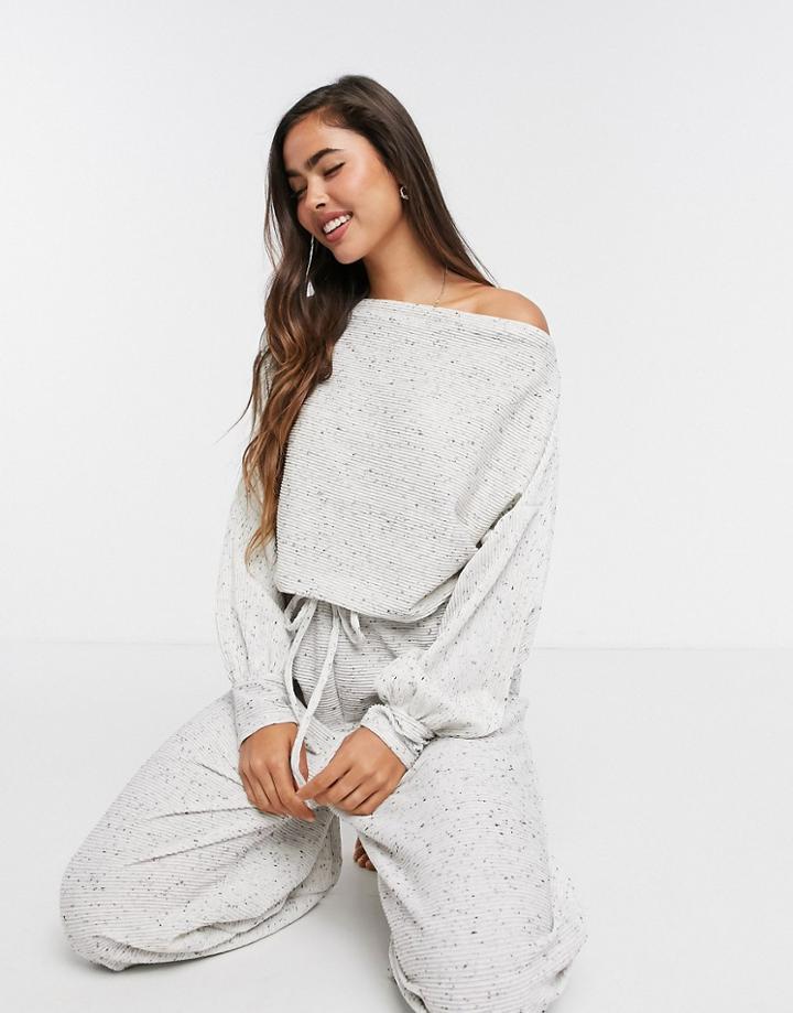 Asos Design Lounge Jersey Slouchy Off-shoulder Jumpsuit In Gray Rib-grey