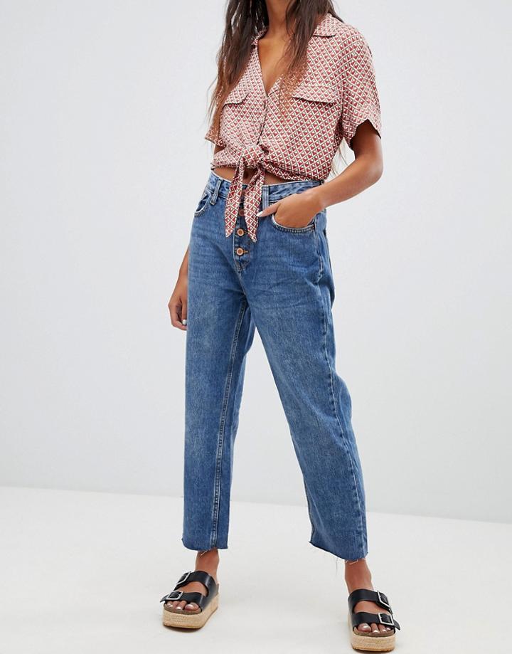 Bershka 4 Button Detail Straight Leg In Blue - Blue