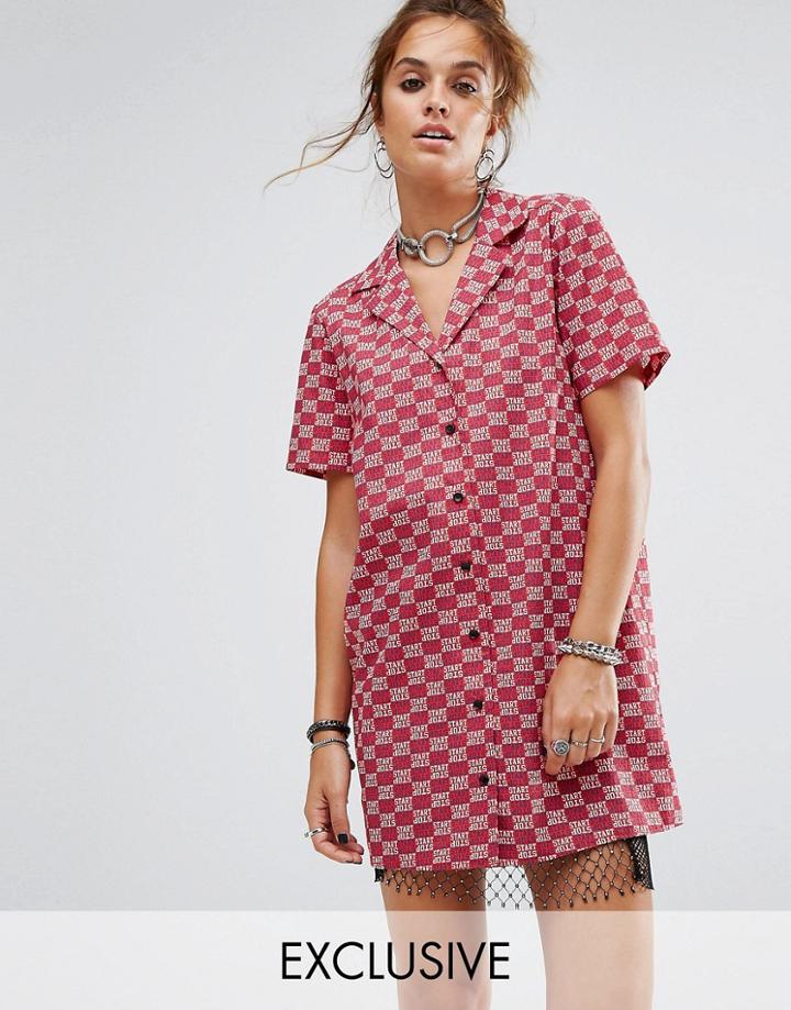 Reclaimed Vintage Inspired Short Sleeve Boxy Shirt Dress - Red