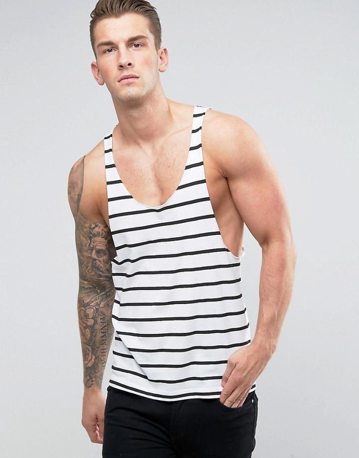 Asos Extreme Racer Back Stripe Tank With Raw Edge - White