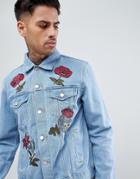 Boohooman Denim Jacket With Floral Embroidery In Light Wash - Blue