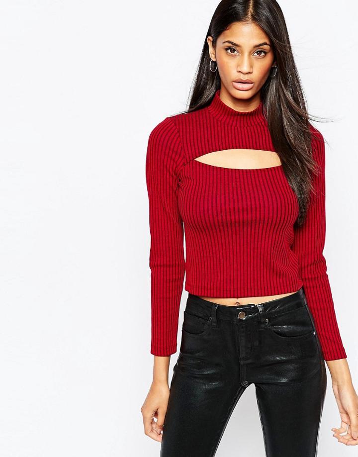 Asos Long Sleeve Crop Top With Cut Out Detail - Red
