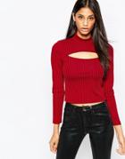 Asos Long Sleeve Crop Top With Cut Out Detail - Red