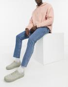 Asos Design Stretch Slim Jeans In Flat Mid Blue With Raw Hem-blues