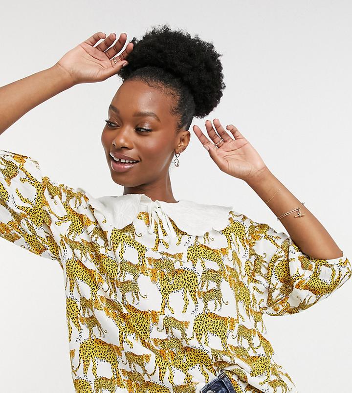 Native Youth Balloon Sleeve Blouse With Lace Collar In Leopard Print-white