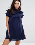 Fashion Union High Neck Dress With Double Frill - Navy
