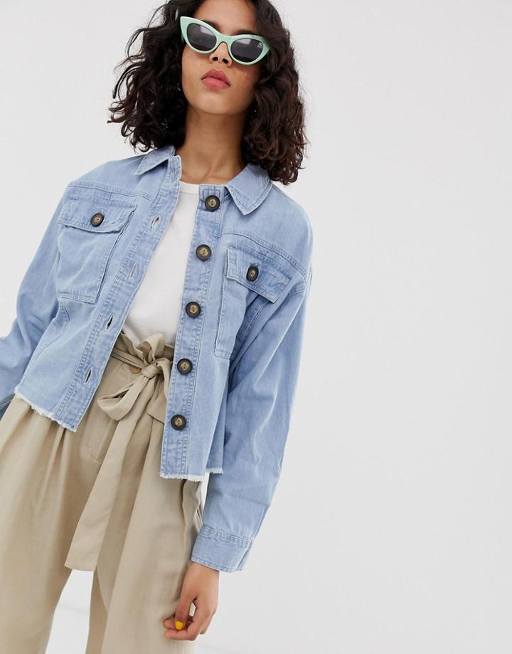 River Island Cropped Denim Jacket In Light Wash-blue